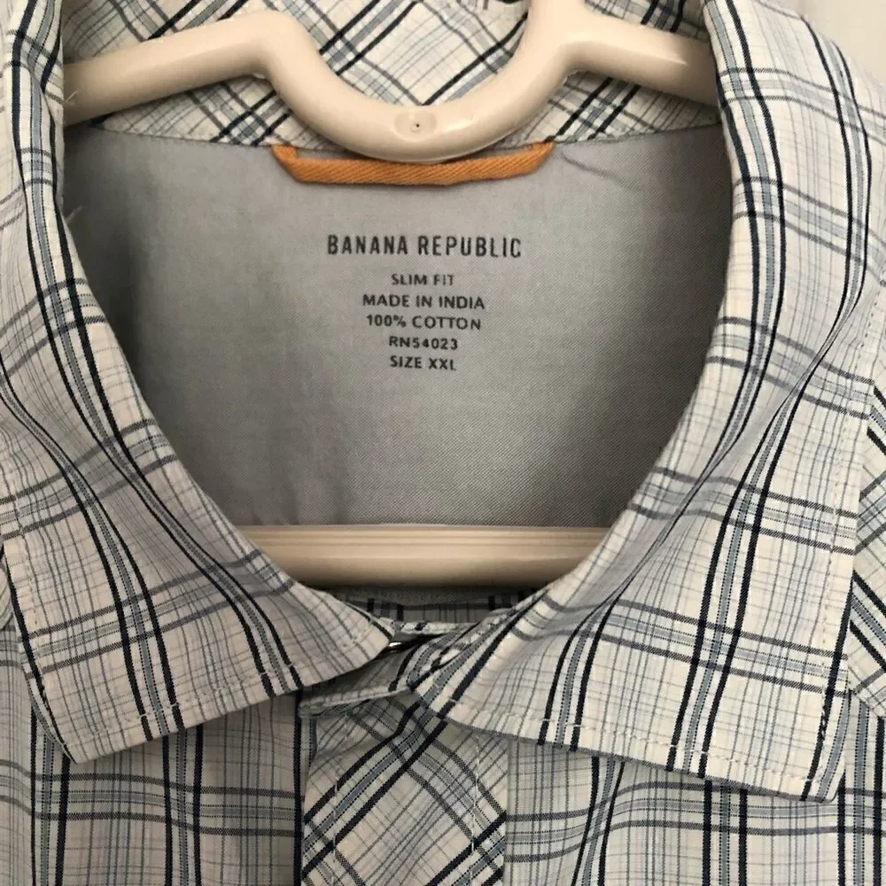 Banana Republic Shirt - Pearl Snaps - Long Sleeve - White/Blue - Western Style